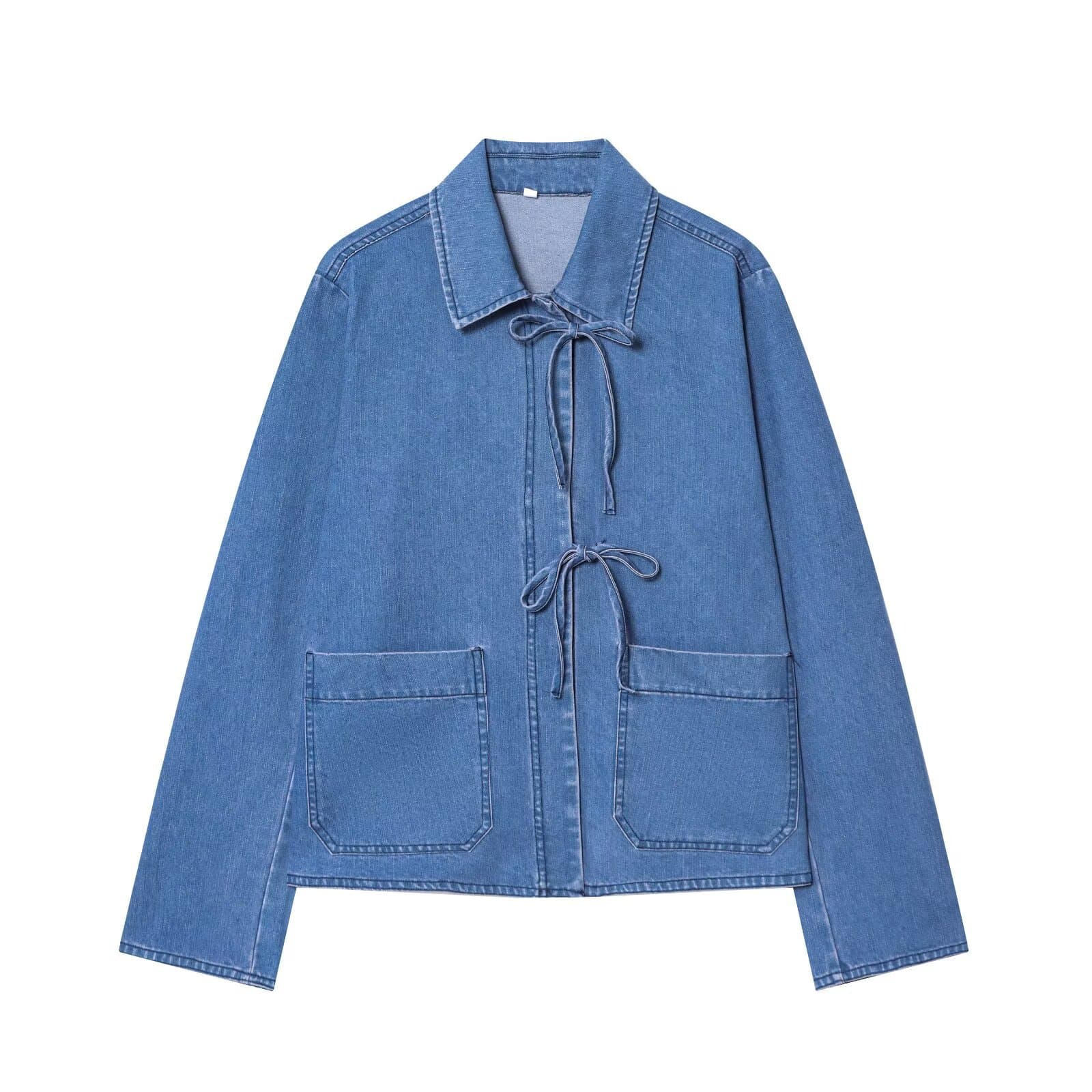 European and American Women's 2025 Autumn New Tie-Front Denim Jacket with Straight-Leg Wide-Leg Jeans Set