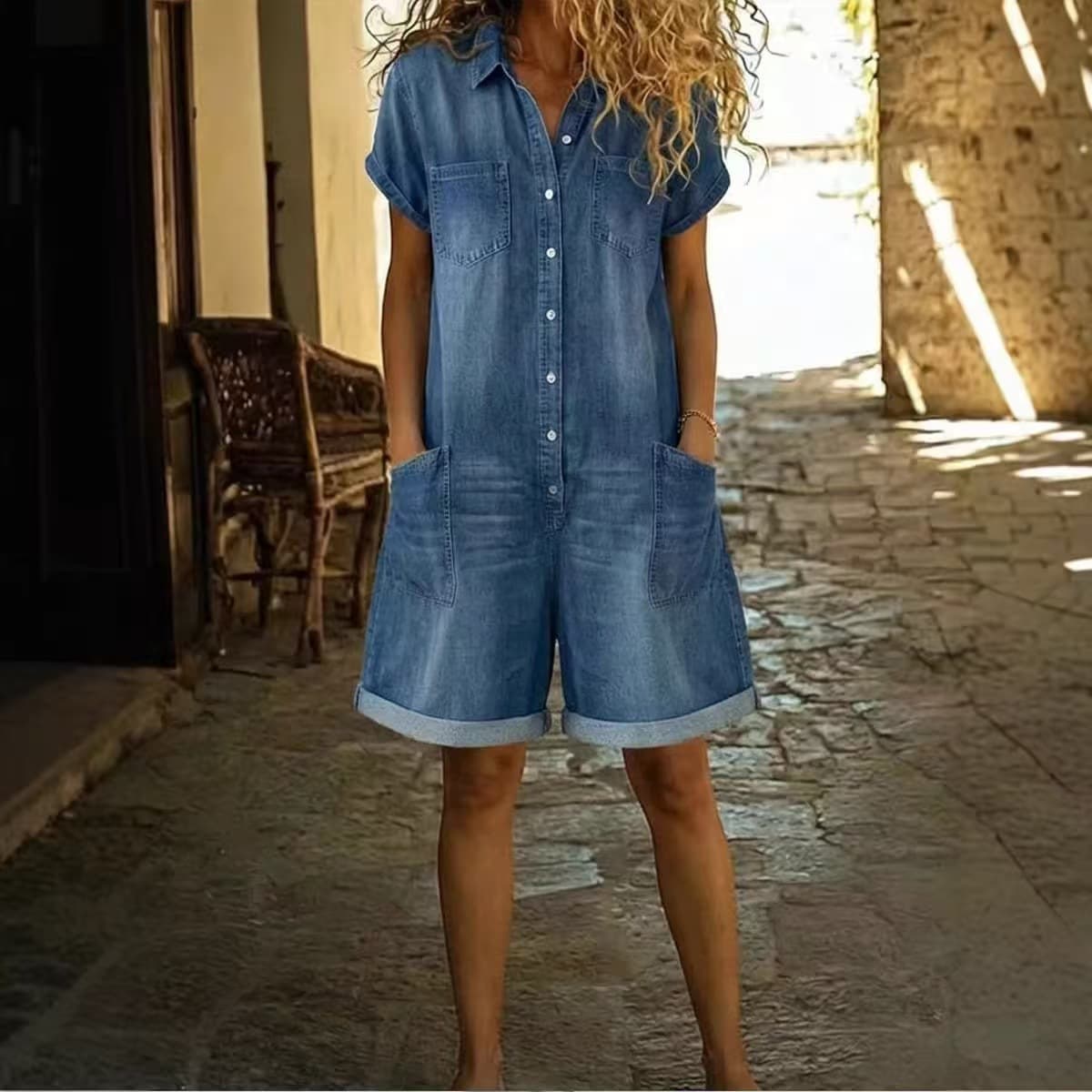 European and American Retro Washed Denim Jumpsuit for Women 2026 Summer Plus Size Loose Short Sleeve Shirt Style Romper