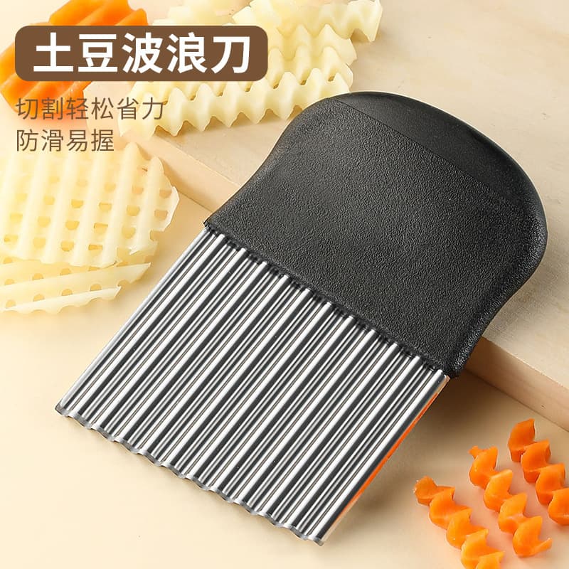 Multi-functional wavy patterned potato knife for home and commercial use, anti-slip thickened stainless steel strip cutter for fries.