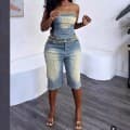 Women's Denim Jumpsuit Set with Frayed Crop Top and Shorts - Amazon Cross-Border Fashion