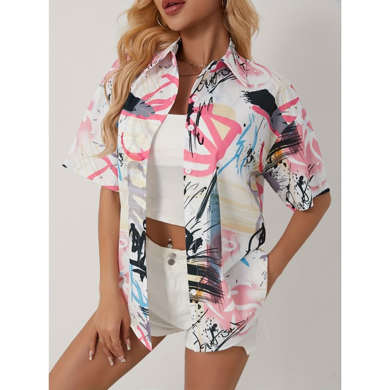 Women's Active Sports Graffiti Digital Print Button-Down Shirt Breathable Sun Protection Short Sleeve Blouse with Collar DZ