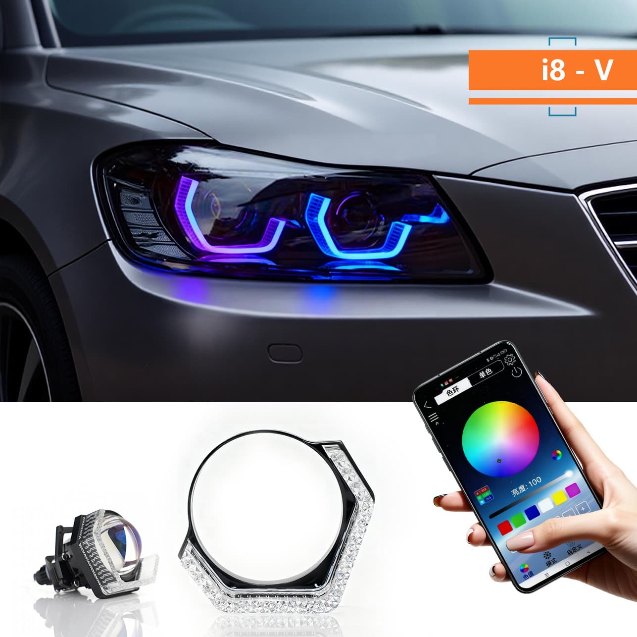 Cross-border Car Decorative Cover 5D Angel Eye Bluetooth APP Control Colorful Light Guide LED Lens Motorcycle Headlight