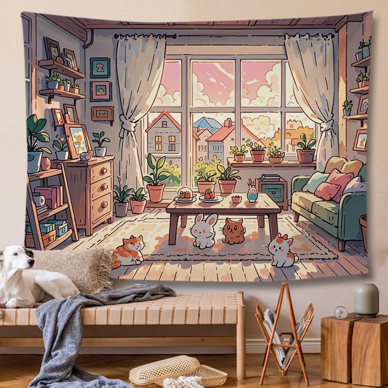 Pink Healing Cartoon Illustration Hanging Cloth Ins Style Background Fabric Bedroom Headboard Decorative Cloth Wall Covering Fabric
