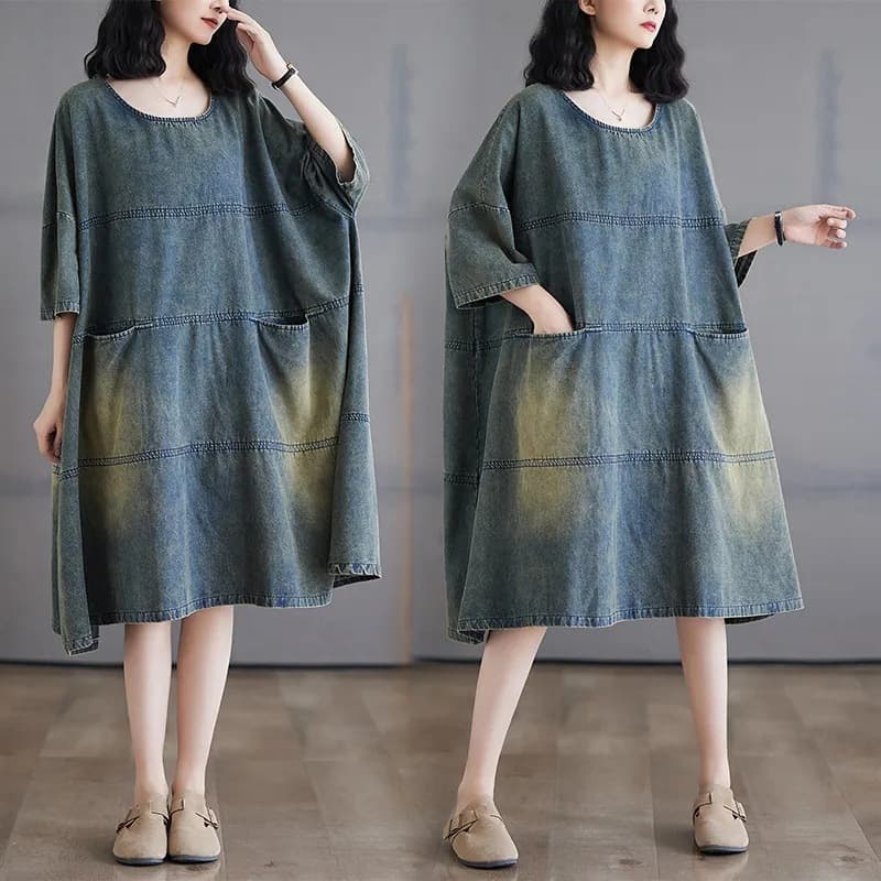 Spring and summer retro washed distressed splicing denim dress women's large size loose and flesh-covering slimming temperament large hem skirt