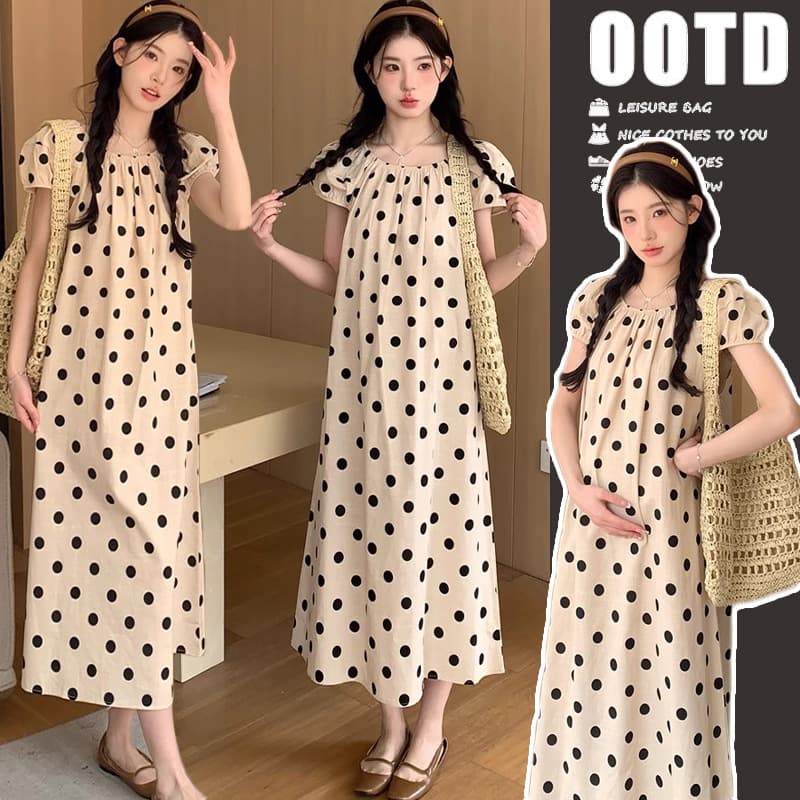 Maternity Summer Polka Dot Dress 2024 New Style Age-Defying Loose Slimming Short Sleeve Midi Dress for Summer
