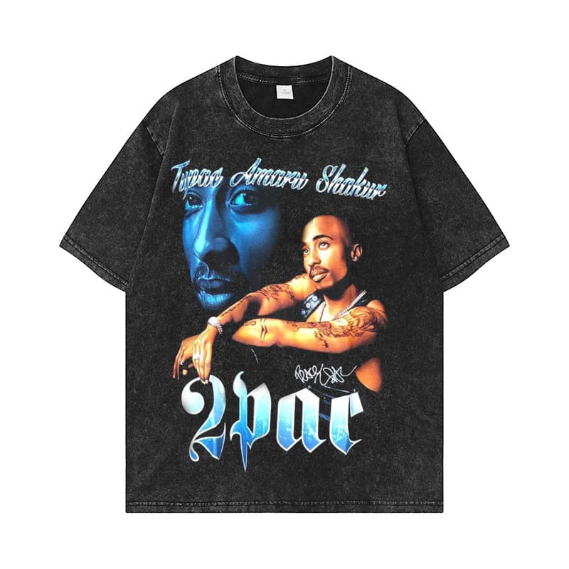 TUPAC Digital Print Vintage Washed Distressed Short Sleeve T-Shirt American Streetwear Hip Hop Unisex Crew Neck Top