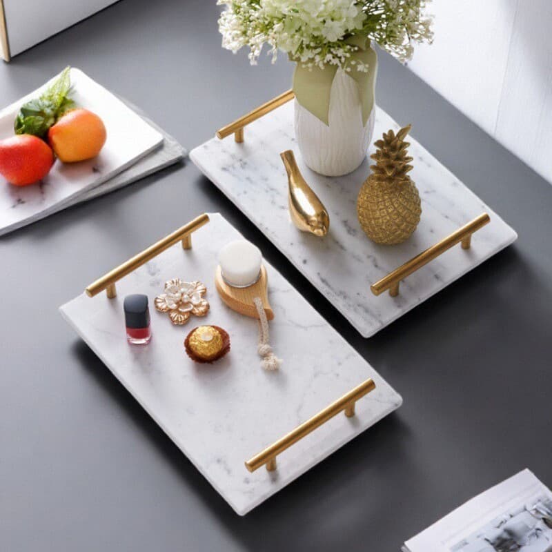 Natural Marble Tray with Handle, Bathroom Sink Organizer, Entryway Key and Wallet Storage Decorative Tray