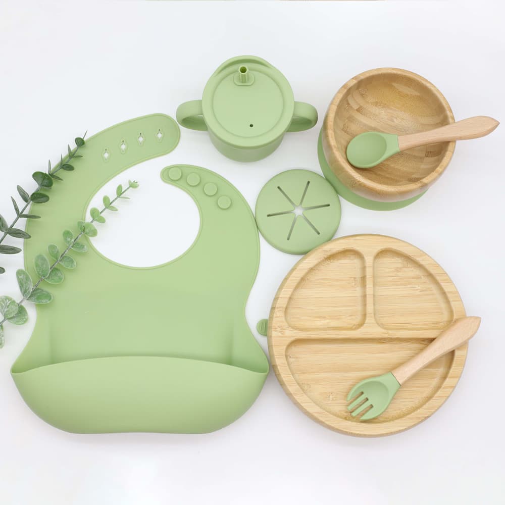 Cross-border Personalized Engraved Suction Silicone Bamboo Bowl Heat-Proof Wooden Base Suction Holder Baby Food Fork Spoon Non-Slip Plate