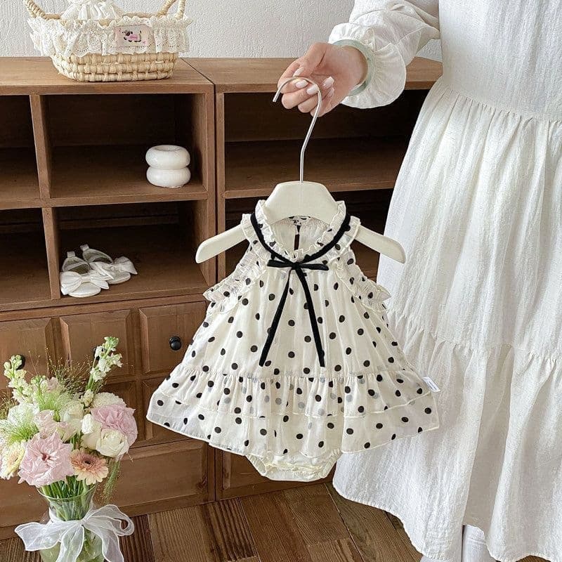 Baby Girl Dress Infant Summer Outfit Polka Dot Sleeveless Chanel-Style Diaper Cover Dress with Strap Lace Fashionable 1st Birthday Cotton
