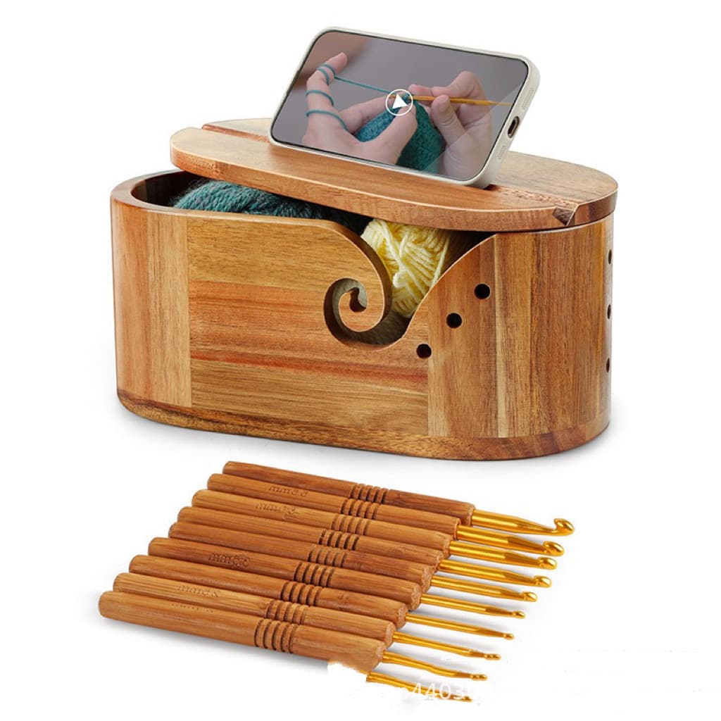 Wooden Yarn Bowl with Lid and Phone Stand, Knitting Tool Yarn Storage Box for Crochet