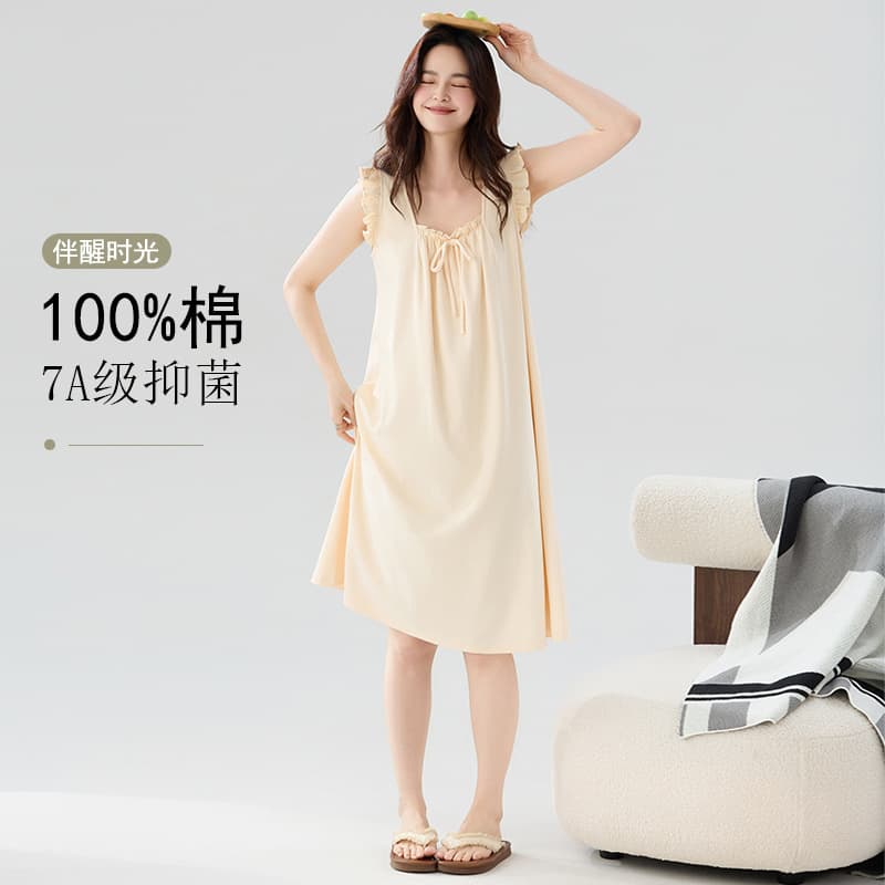 Class A antibacterial vest nightgown for women summer pure cotton sleeveless jumpsuit for women mid-length plus size cotton pajamas for women