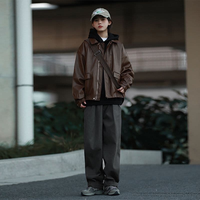 Vintage American Brown Leather Jacket for Women Autumn Black Cool Style Motorcycle PU Loose Long-Sleeve Top