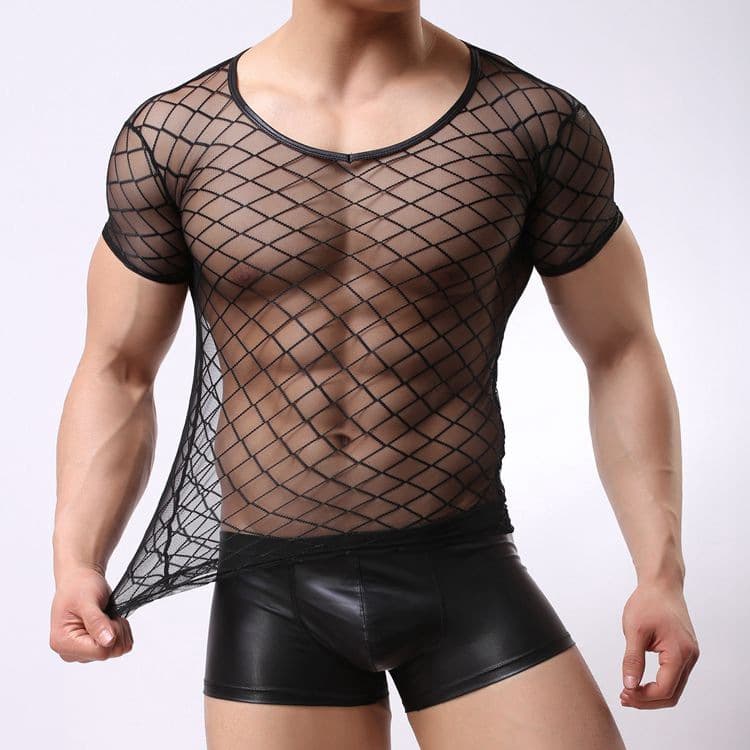 Men's Diamond Mesh Short-Sleeve Transparent Erotic Underwear Slim-Fit Casual Checkered Non-Mainstream Men's T-Shirt New Style