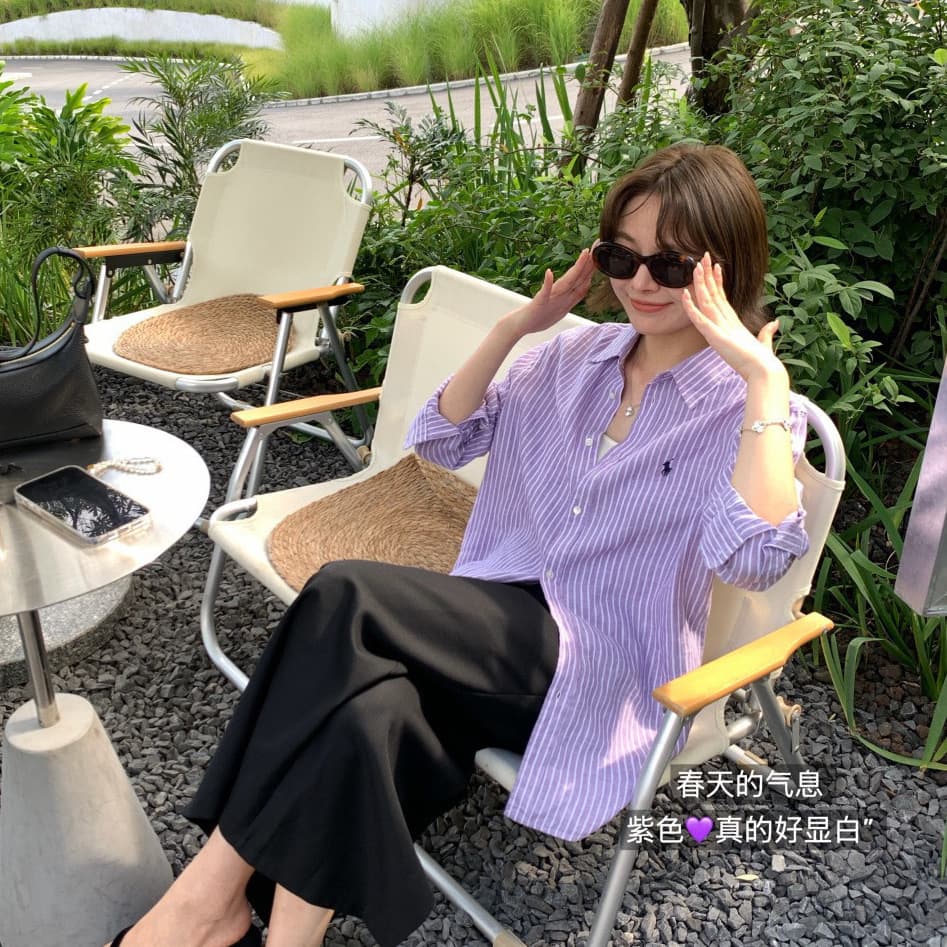 0E0805, Little Horse Embroidery 100% French Linen Color-Woven Striped Women's Linen Shirt