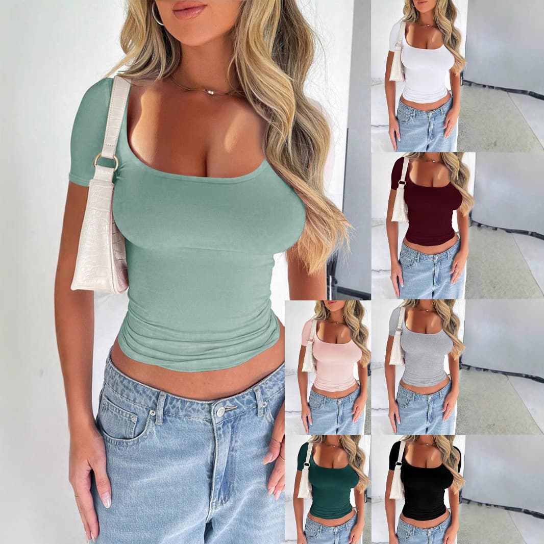 Spring European and American Cross-Border Women's Sexy Short Sleeve Fashion New Square Neck Slim Crop Top T-Shirt