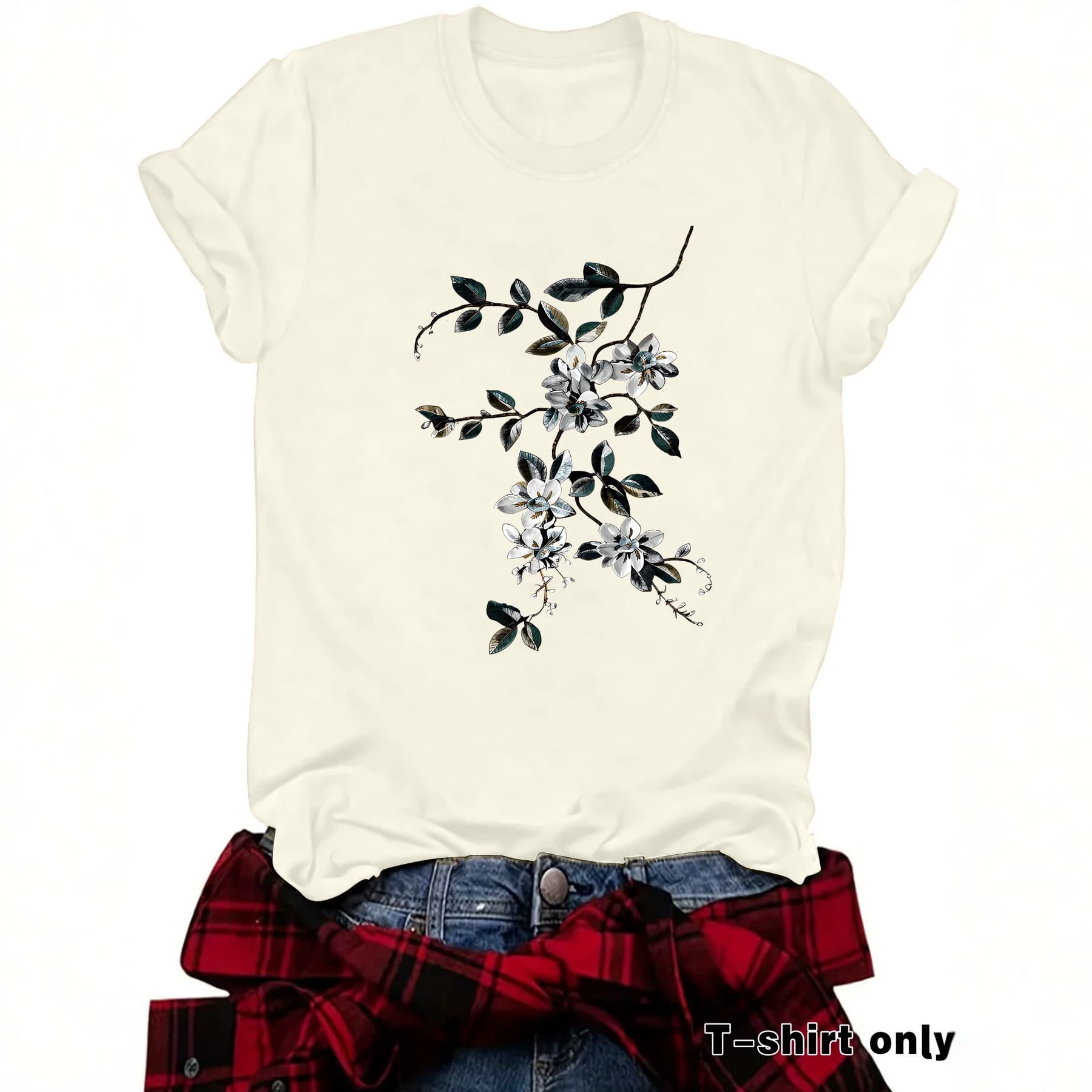 Floral Print Fashion Casual Short Sleeve Round Neck Women's T-Shirt, Elegant Casual Versatile Round Neck Women's Short Sleeve T-Shirt