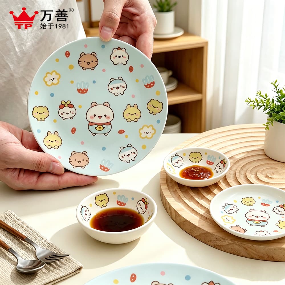 Japanese Style Melamine Flat Plate Round Plate Dinnerware Bamboo Fiber High Aesthetic Cartoon Cute Rimless Plate Custom Pattern from Image