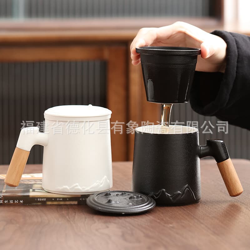 Black pottery mug with liner, tea and water separation, office tea cup, ceramic simple tea cup, business gift customization