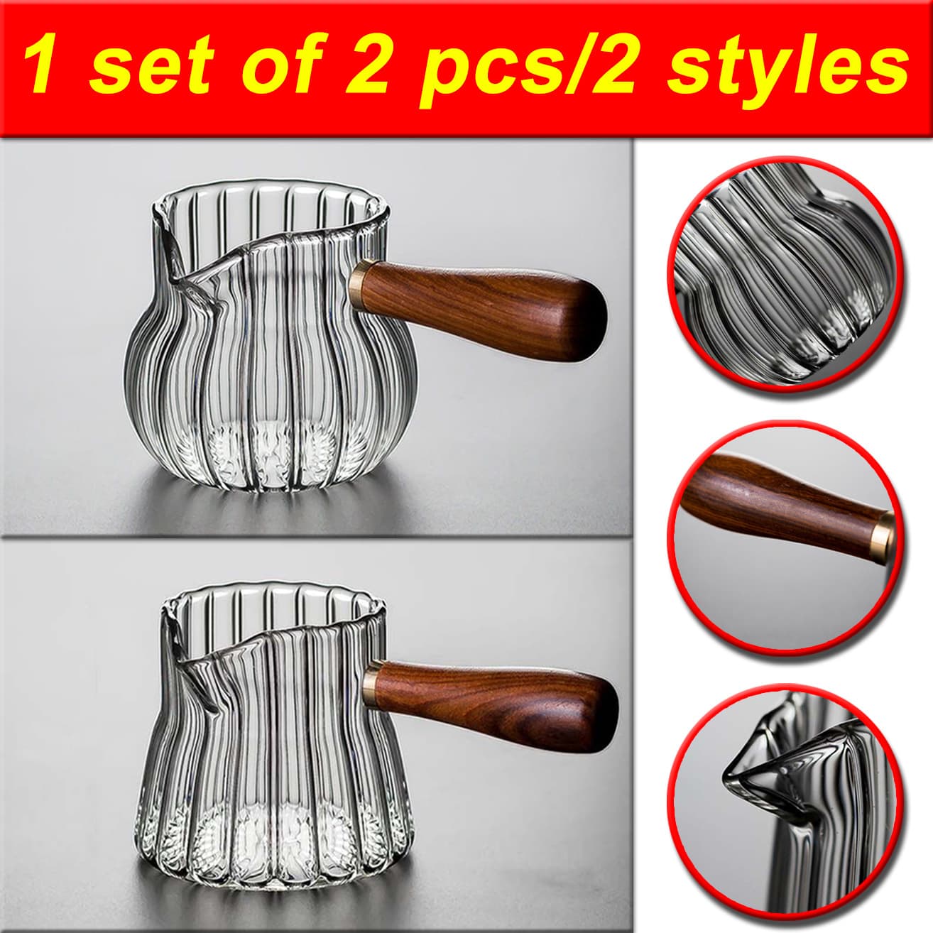 Thickened High-Temperature Resistant Glass Public Cup with Petal Wooden Handle Japanese Style Tea Pouring Tool for Home Use