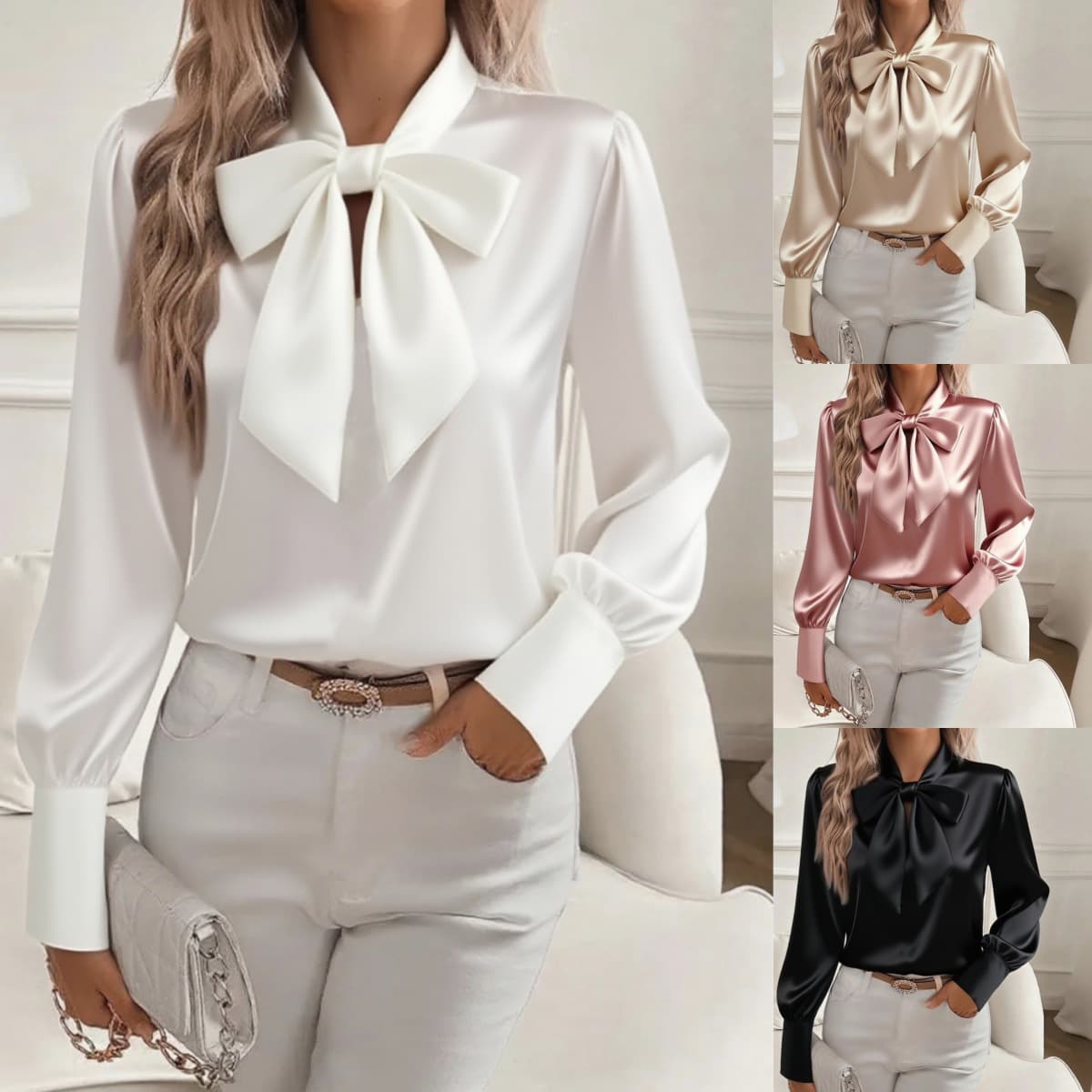 2025 Bestseller for Independent Sites & Amazon - Fall Long Sleeve Satin Bow Women's Blouse Shirt Top