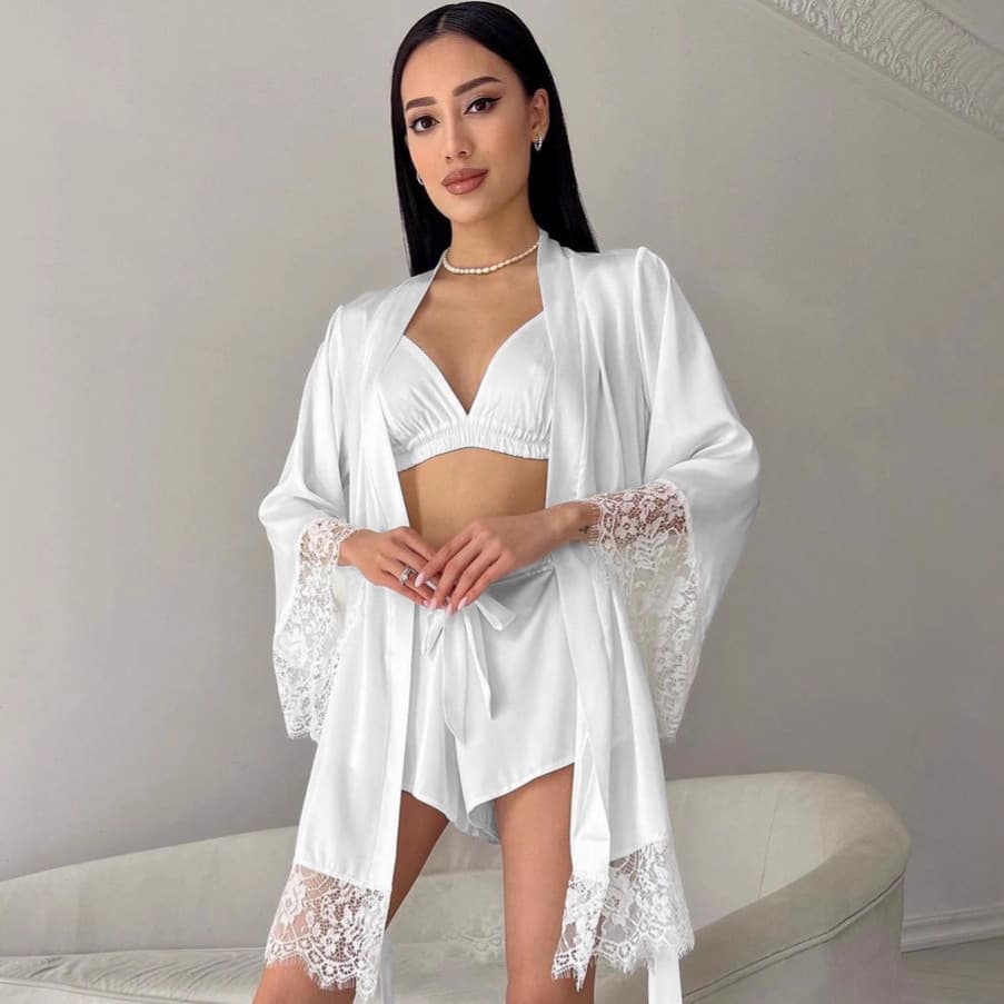 Satin Lace Long Sleeve Robe Bra and Shorts Thin Pajama Set 2026 European and American Fall New Homewear