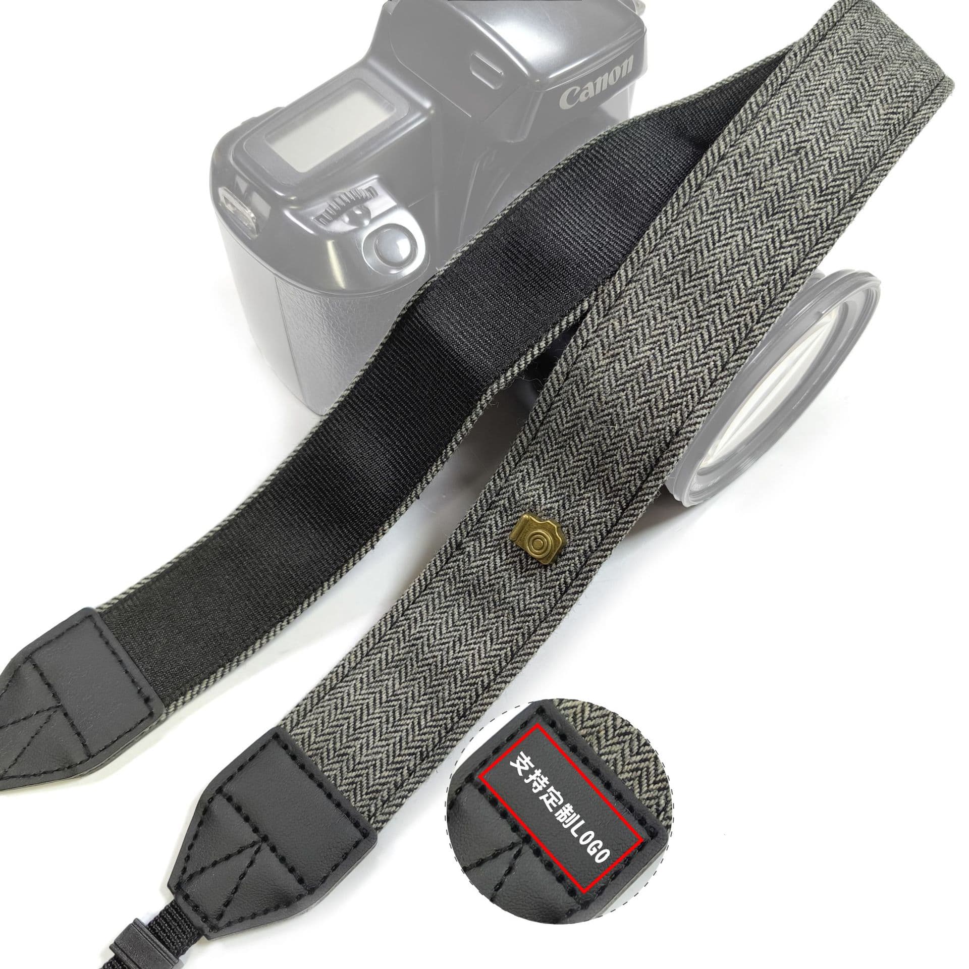 DSLR camera strap in black canvas retro style, cotton herringbone pattern shoulder strap for digital mirrorless cameras