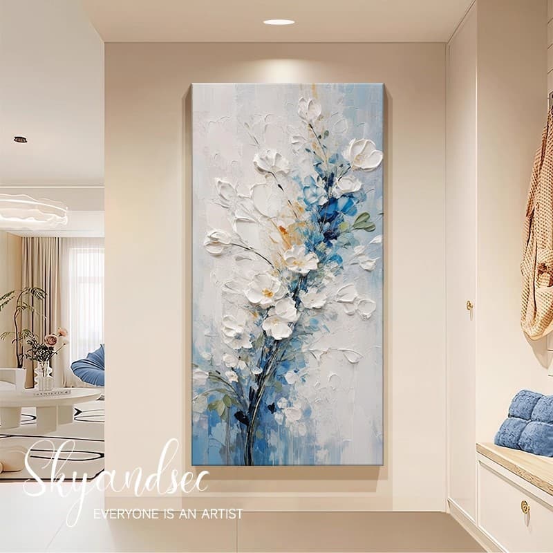Pure Hand-Painted Floral Oil Painting Modern Cream Style Entryway Art Decorative Blue Thick Texture Wall Art High-End