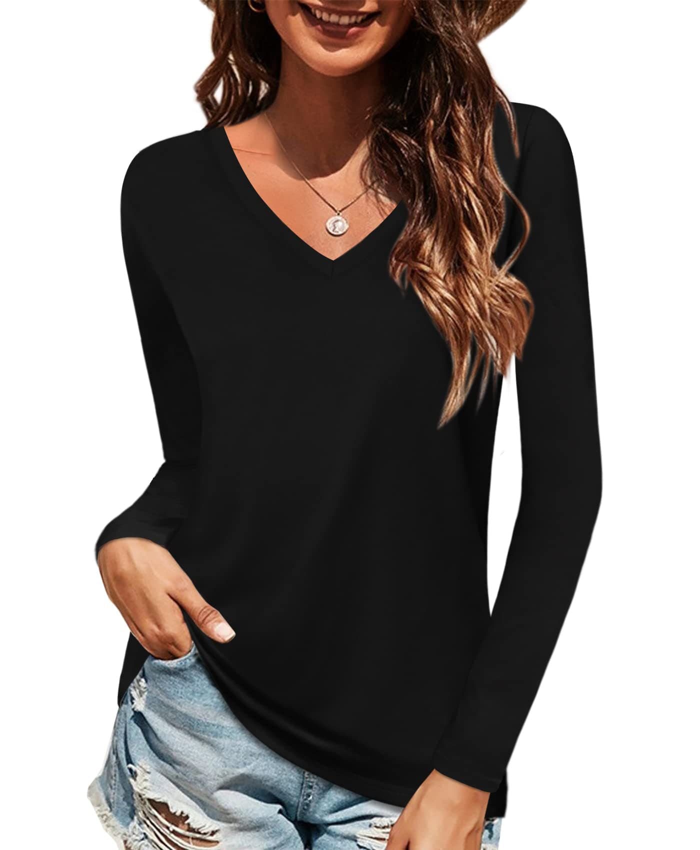 Women's V-Neck Short/Long Sleeve Cotton Tops T-Shirt
