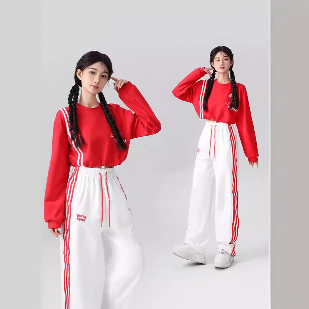 South Korean girl group cheerleading team red long-sleeved sweatshirt and pleated skirt autumn new performance outfit sports meet set