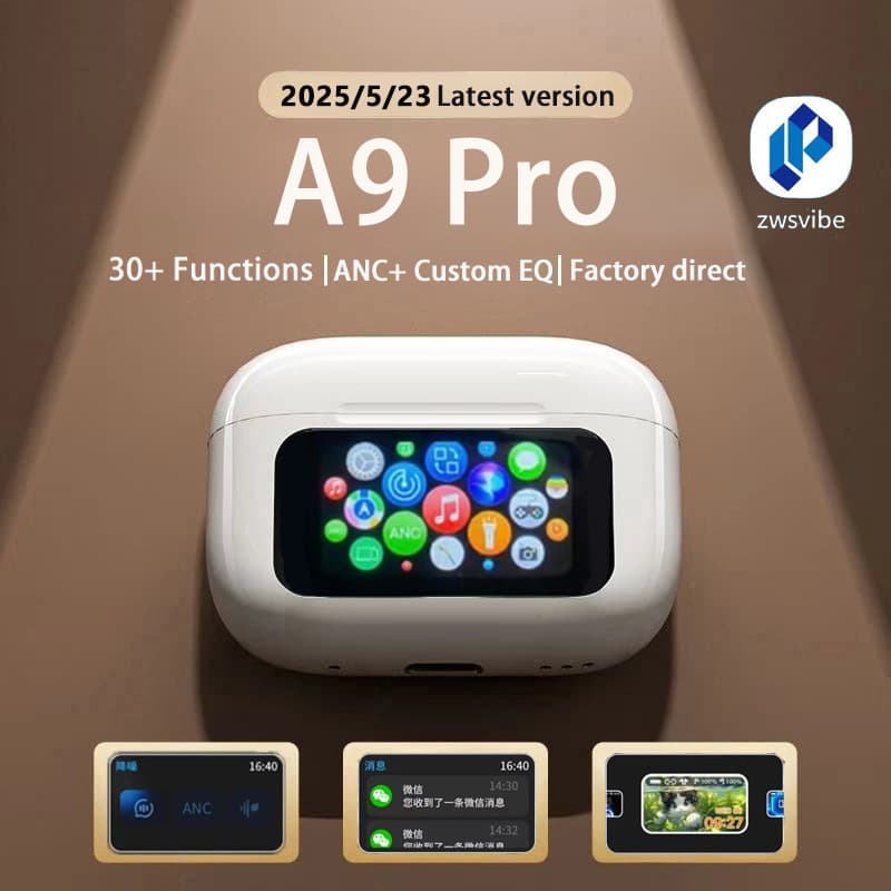 Premium A9Pro Bluetooth Earphones Cross-Border Trade ANC Noise Cancelling Multifunctional Smart Touch Color Screen Multi-Language ENC