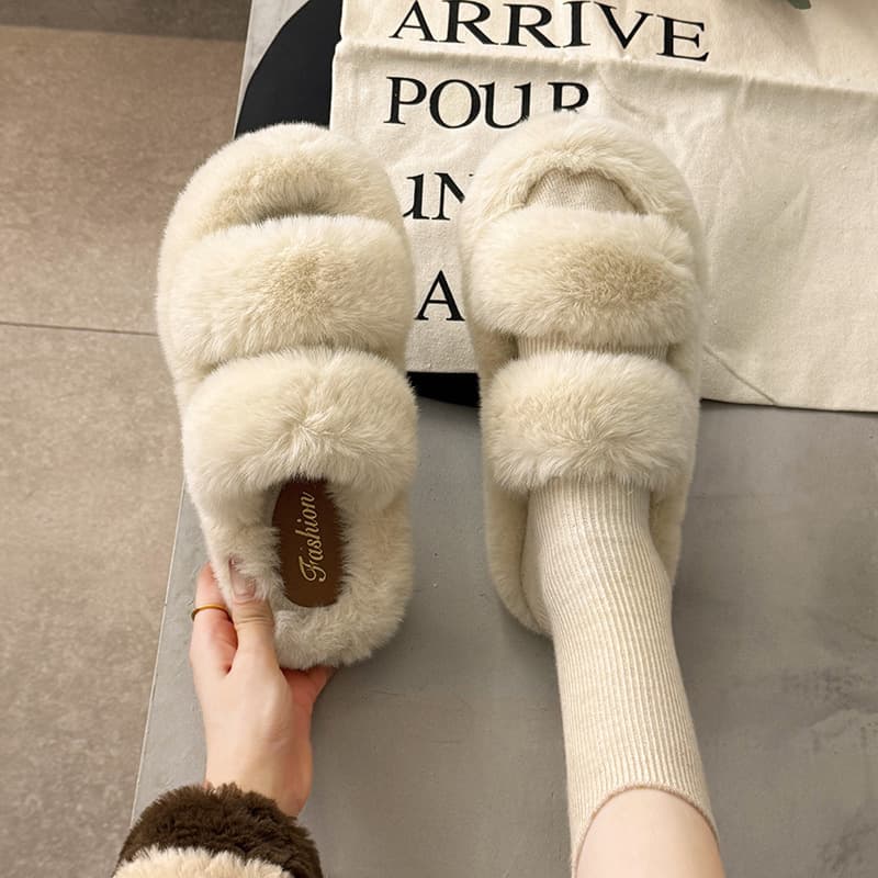 2025 Hot-Selling European and American Double-Strap Plush Thickened Fuzzy Slippers for Women, Outdoor Wear, Warm Autumn and Winter Home Cotton Slippers for Women