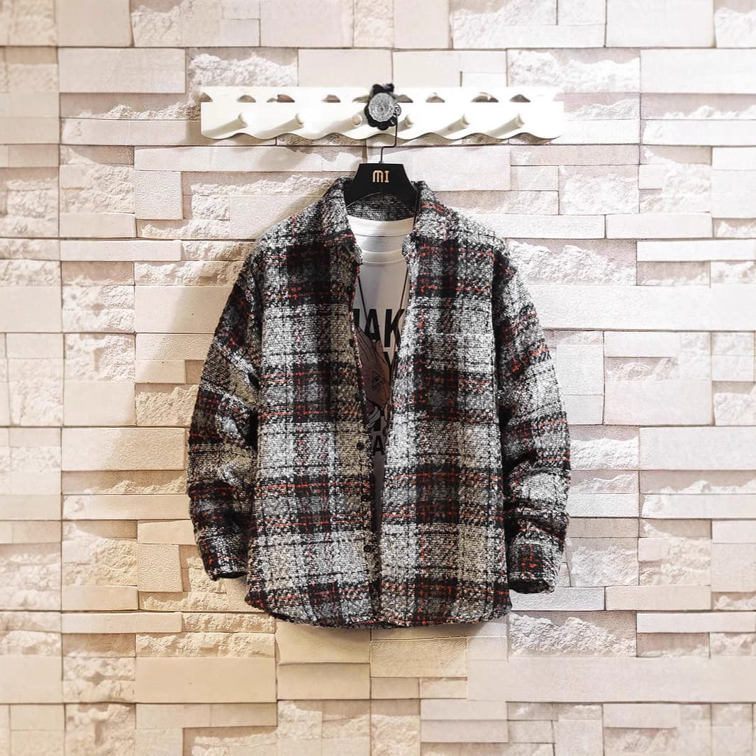Autumn/Winter Men's Chanel-Style Jacket New Notch Lapel Coat Thick Wool Plaid Casual Shirt Trendy