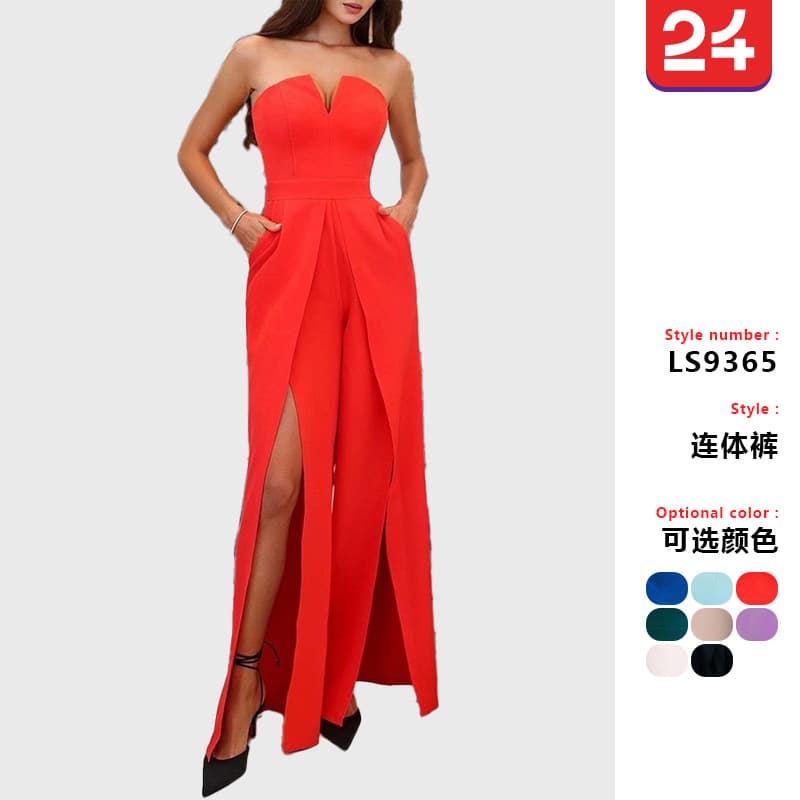2025 cross-border summer new European and American fashionable and sexy small V-neck tube top casual pants slit slim fit jumpsuit