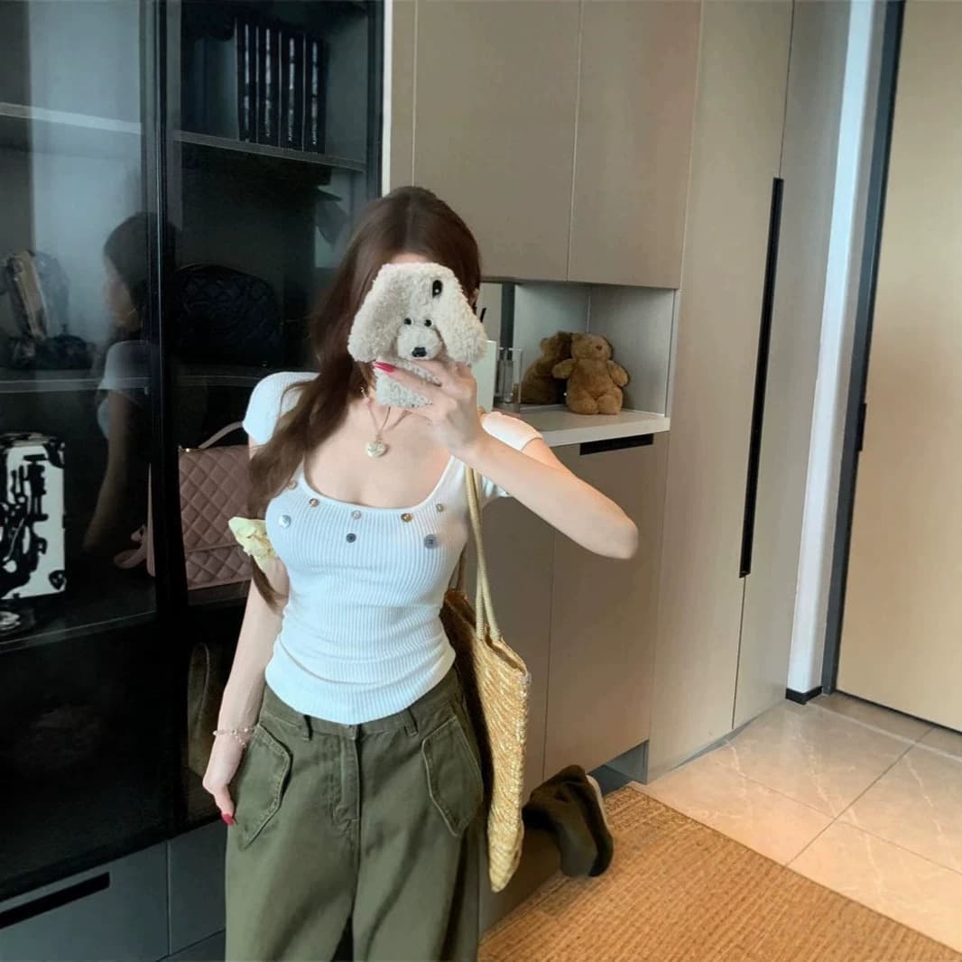 【In Stock from Our Factory】Square Neck Short Sleeve Top for Women Summer Chic Crop Top with Waist Definition