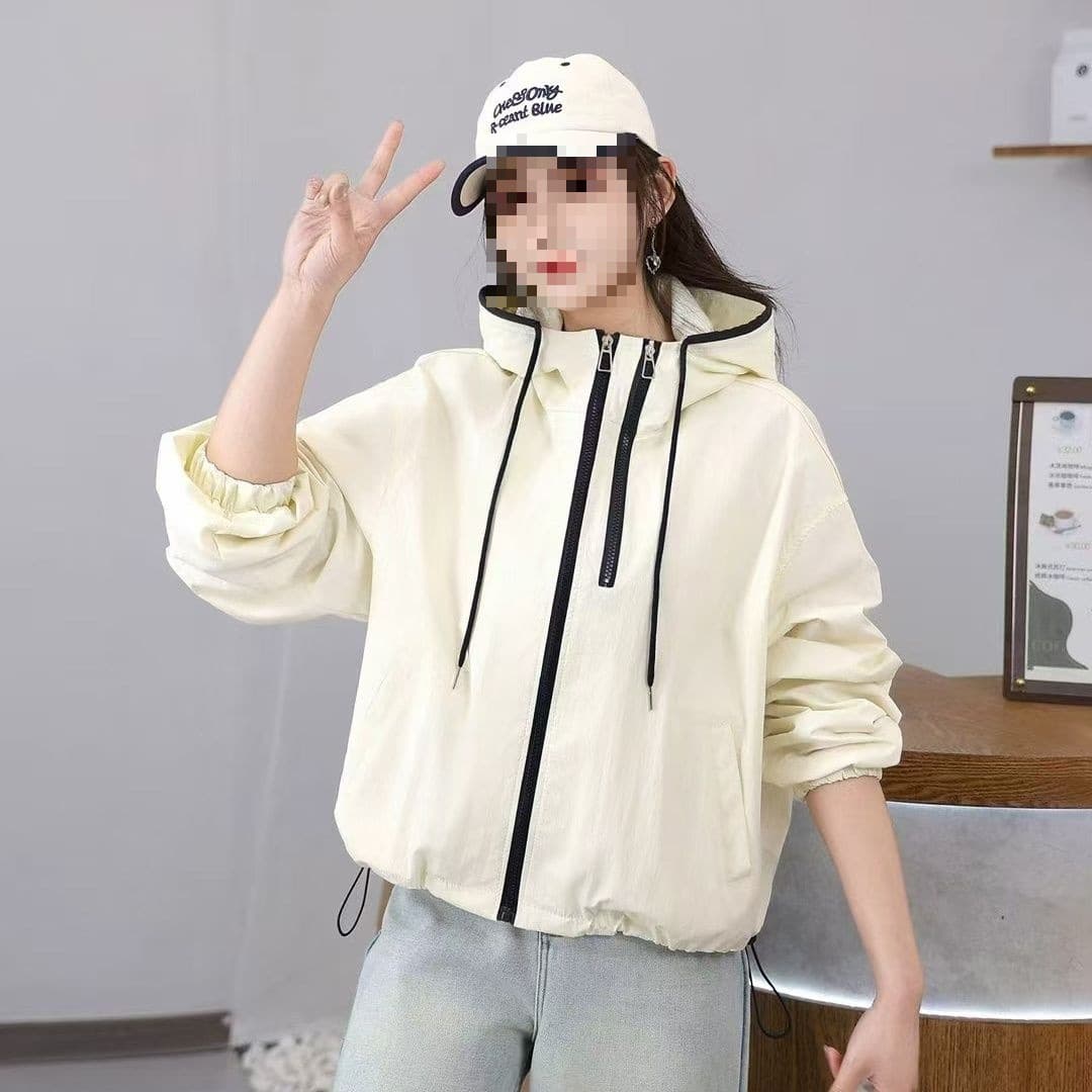 Autumn New Fashion Color Block Loose Versatile Hooded Windbreaker Jacket Casual Sun-Proof Jacket Women's Top