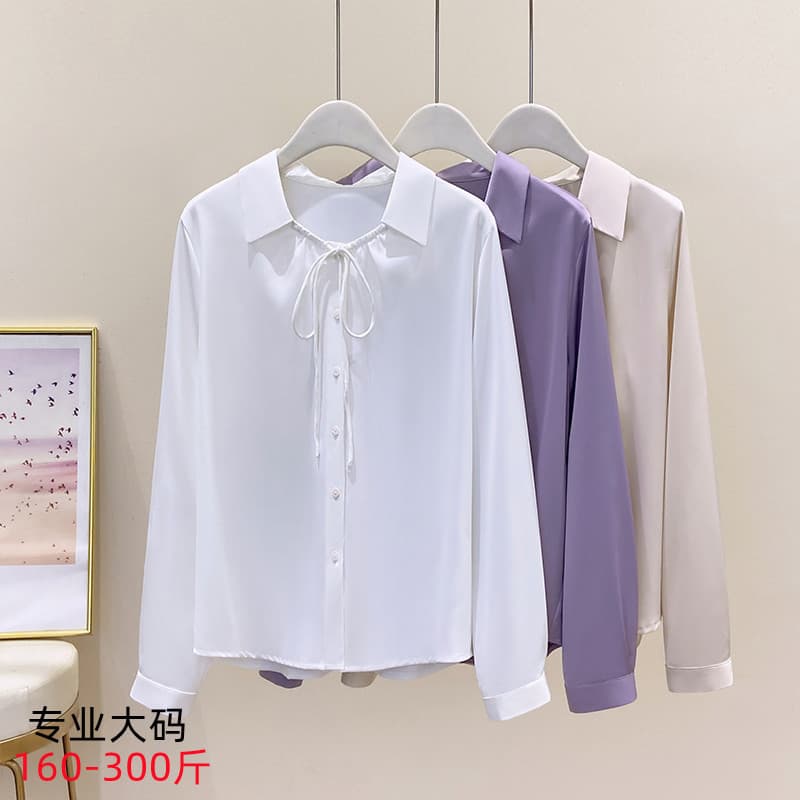 Plus Size Women's Elegant White Short Satin Shirt, Spring 2025, Simple Casual Versatile Shirt 8610