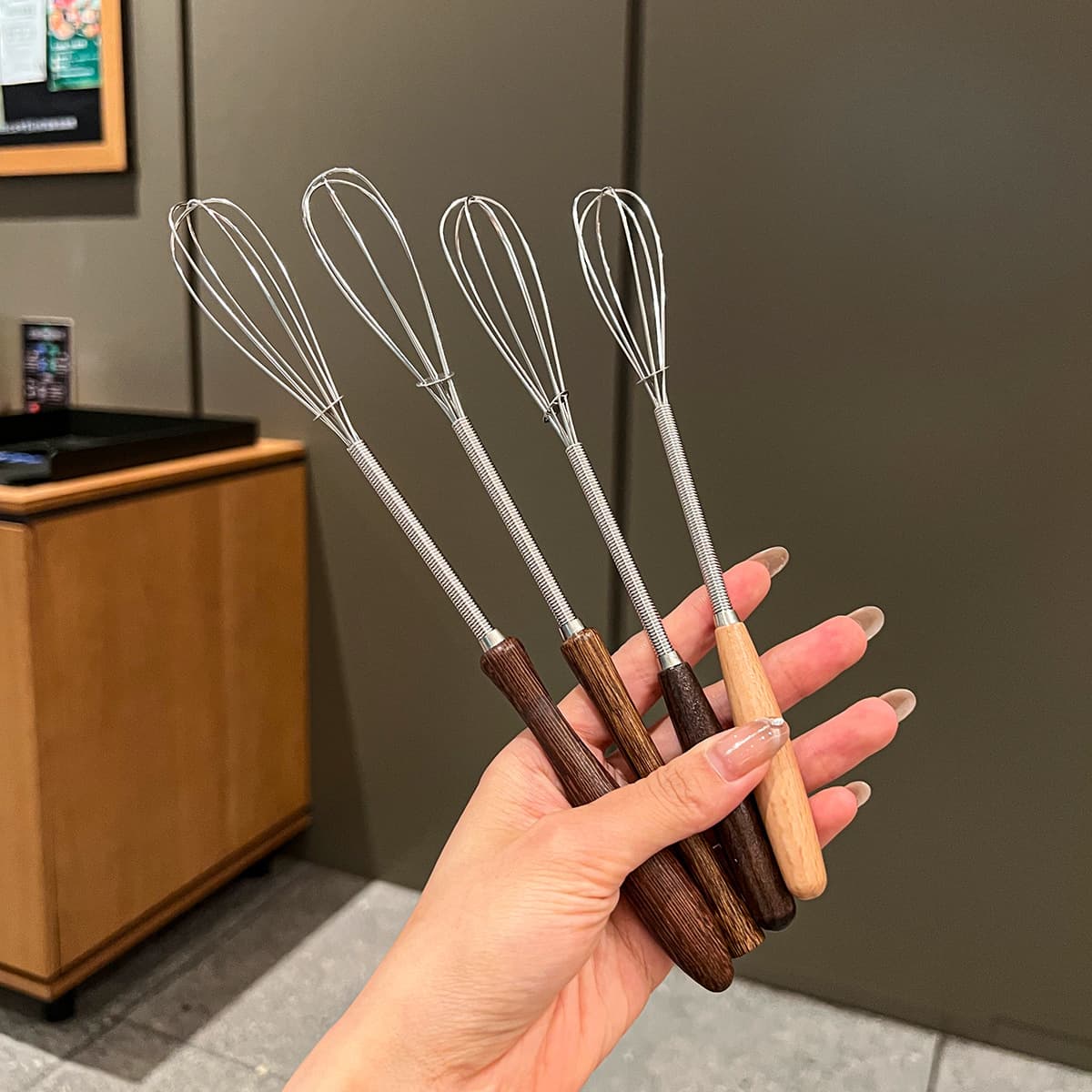Wooden Handle Stainless Steel Egg Whisk, Japanese-Style Manual Cream Whipper, Household Baking Tool, Mini Egg Stirring Stick
