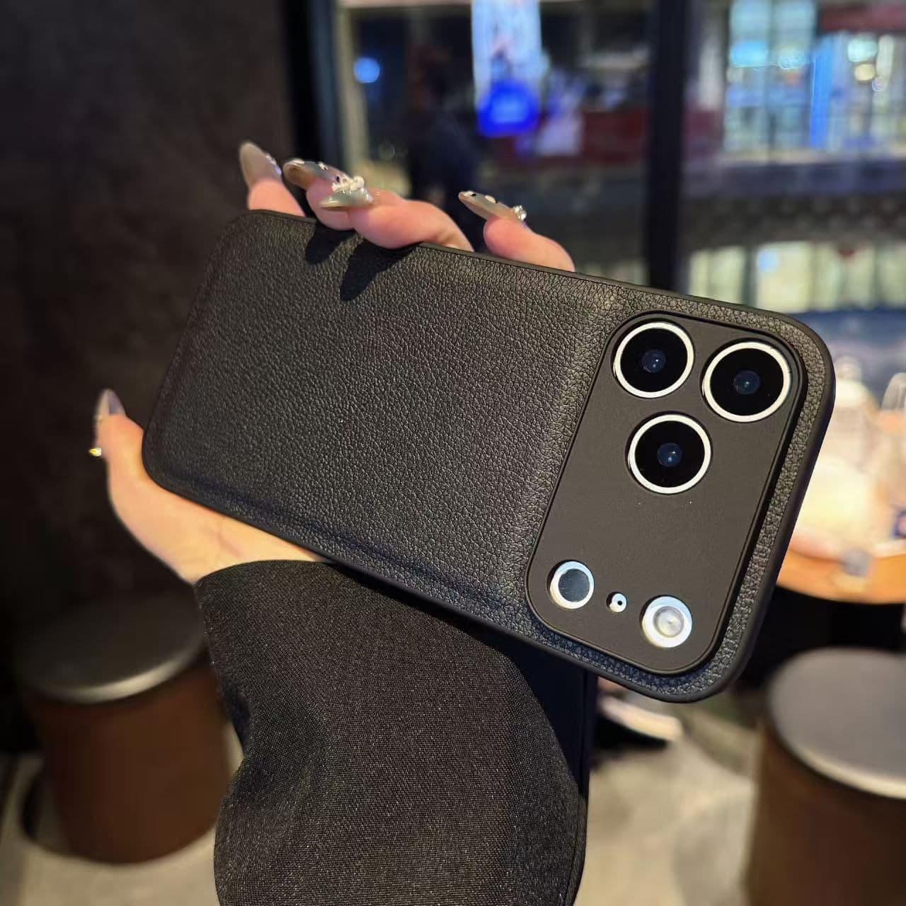 Suitable for iPhone17promax business litchi pattern mobile phone case Apple 16 solid color leather pattern 15 all-inclusive protective cover