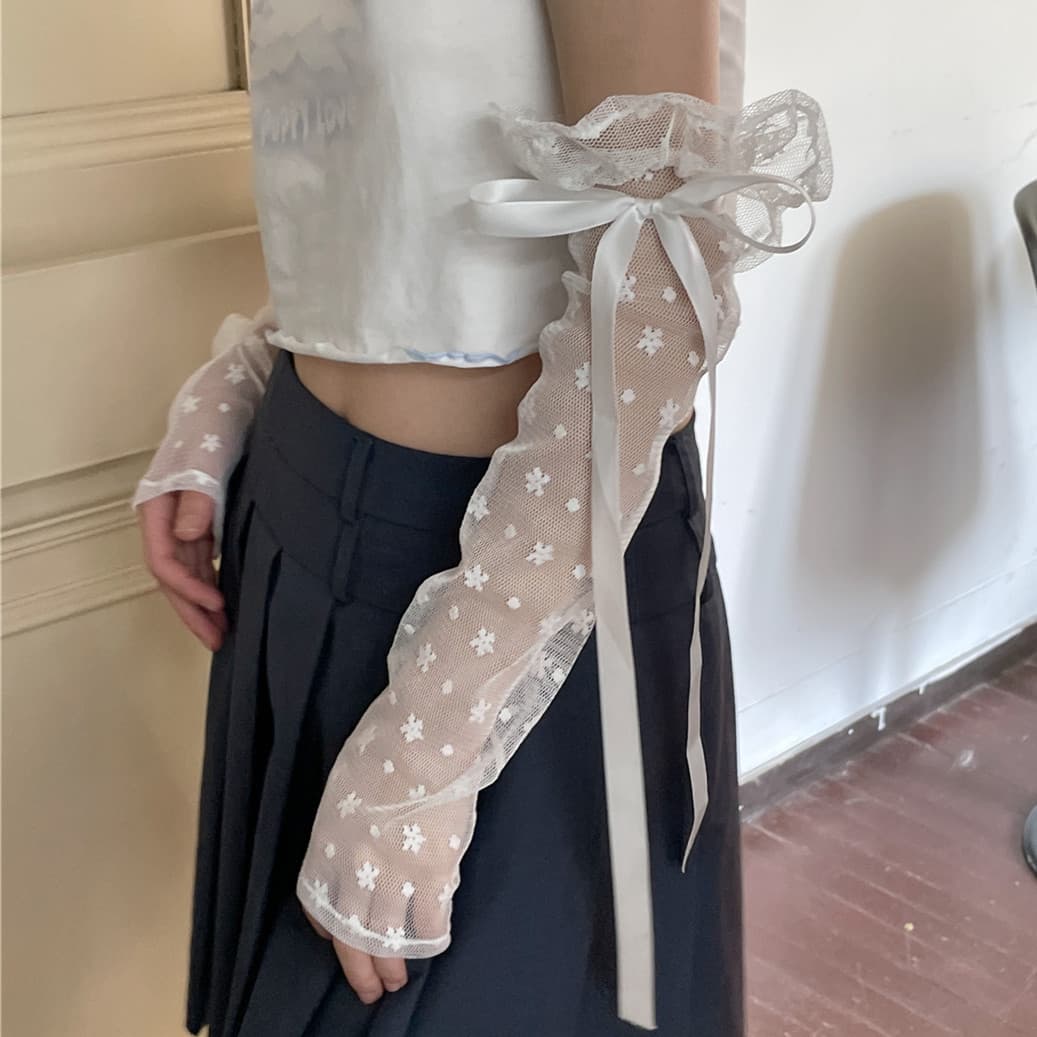 Spring-Summer New Sweet and Spicy Lace Flower Ribbon Versatile Sunscreen Sleeves, Decorative Gloves