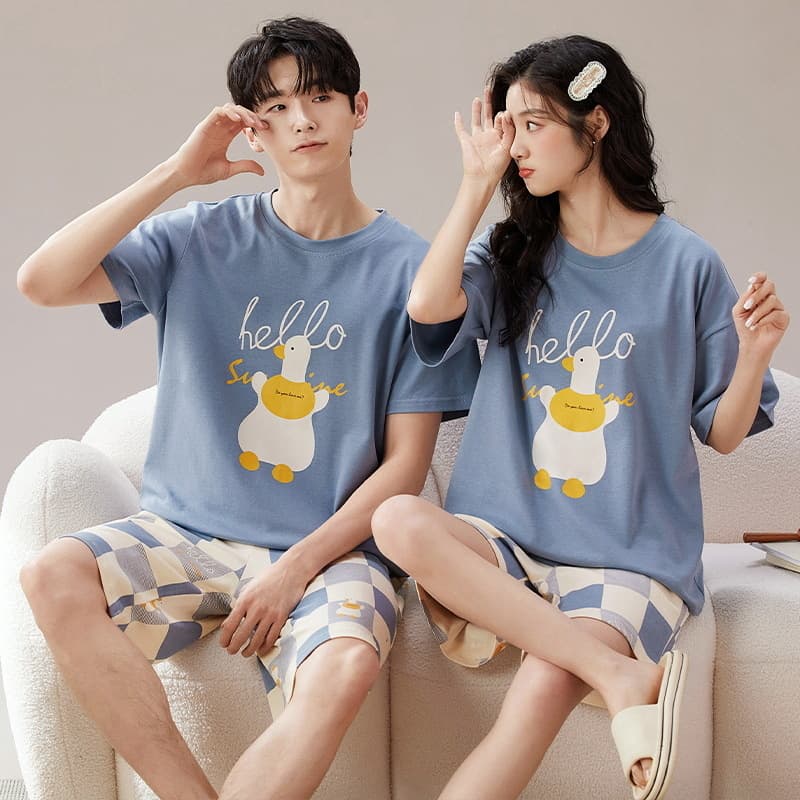Summer Couple Sleepwear Cotton Cartoon Short Sleeve Shorts Home Clothes Thin Home Clothes Men Women Set Comfortable Casual