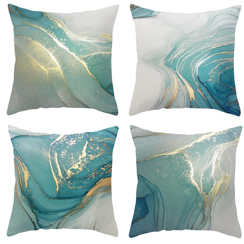 Nordic Green Abstract Ink Pattern Throw Pillow Cover with Gold Edge, Inkjet Print, Artist Home Office Decorative Cushion Cover