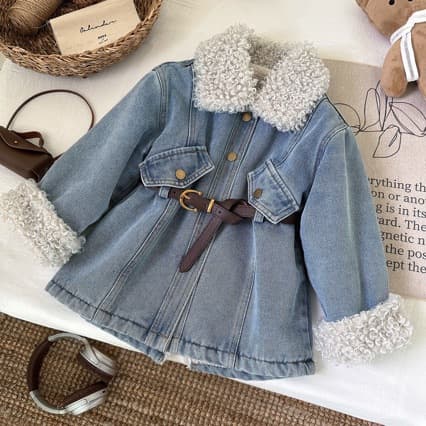 2024 Winter New Korean Style Girls Blue Long Sleeve Thick Denim Dress Baby Fashionable Dress