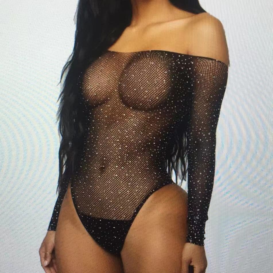Factory Direct Supply European and American See-Through Sexy Lingerie Hot Fix Open Crotch Long Sleeve Tight Mesh Off-Shoulder Bodysuit