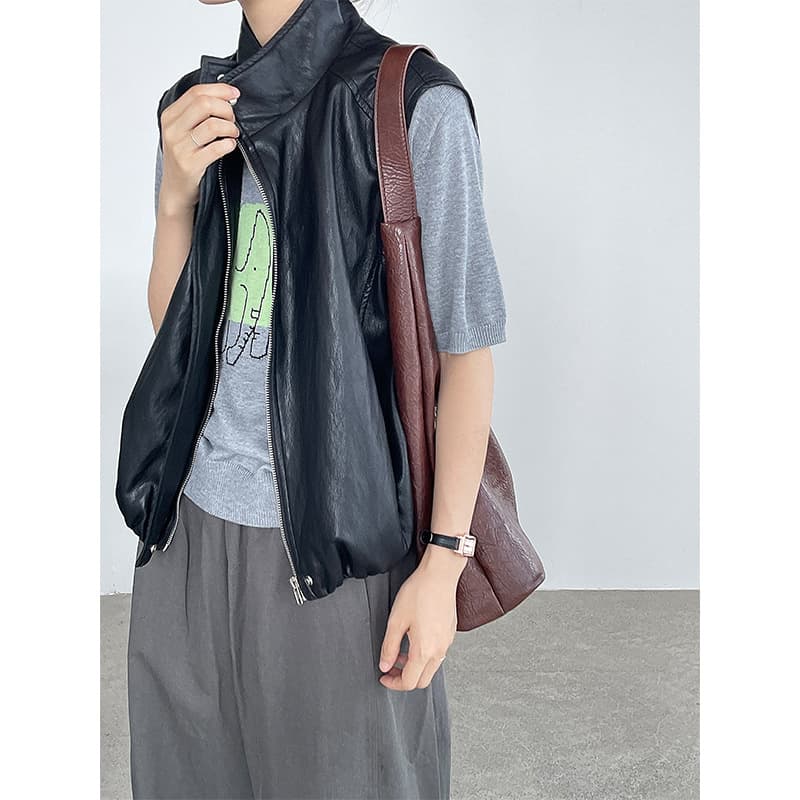 Taochuan Korean-style PU Leather Vest Jacket for Women, 2025 Autumn New Arrival, Fashionable Layering, Loose Fit, Versatile Top 2787