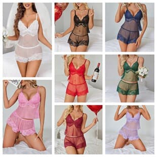 European and American Cross-Border Sexy See-Through Lace Lingerie See-Through Camisole Sleep Shorts Lingerie Set for Women Wholesale