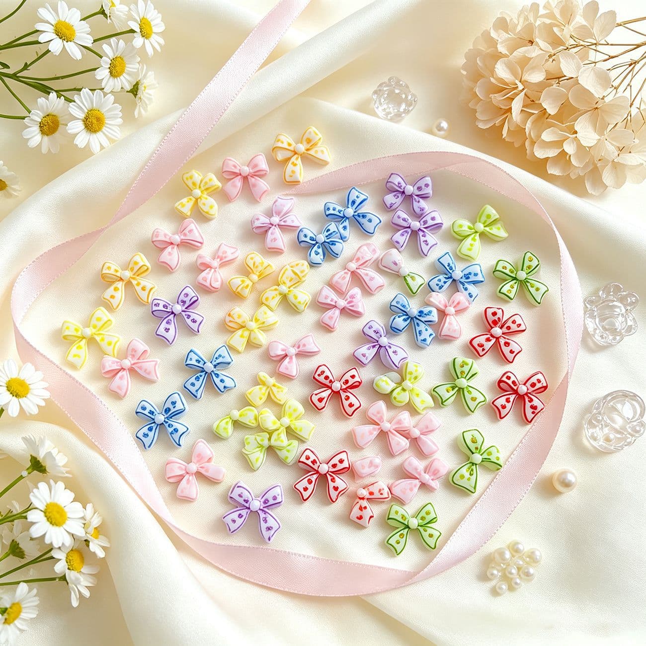 Polka dot printed bow nail art resin jewelry Macaron color streamer dopamine sweet girl wear nail accessories