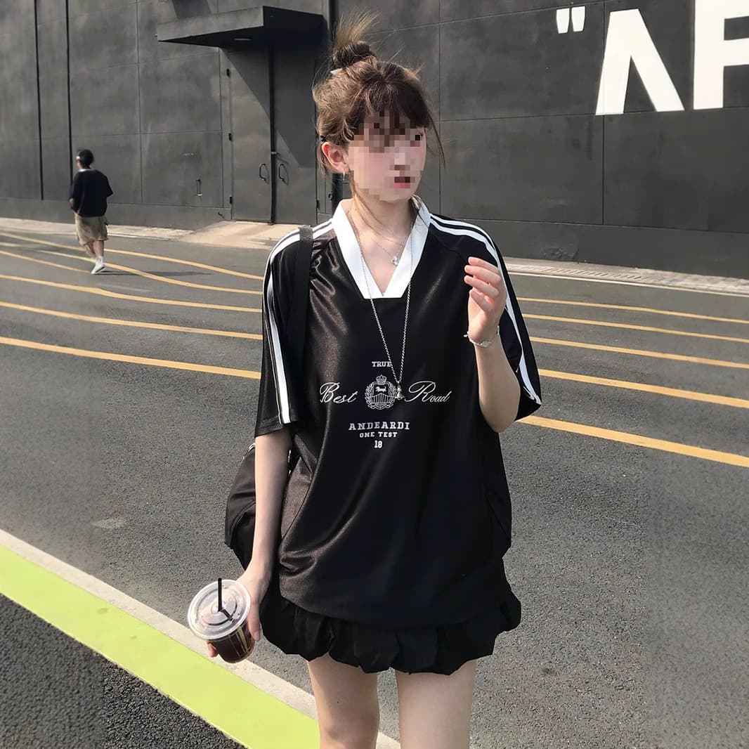 American Retro Shiny Satin Jersey Short-Sleeve T-Shirt for Women Summer Style Trendy Design Niche Printed Top