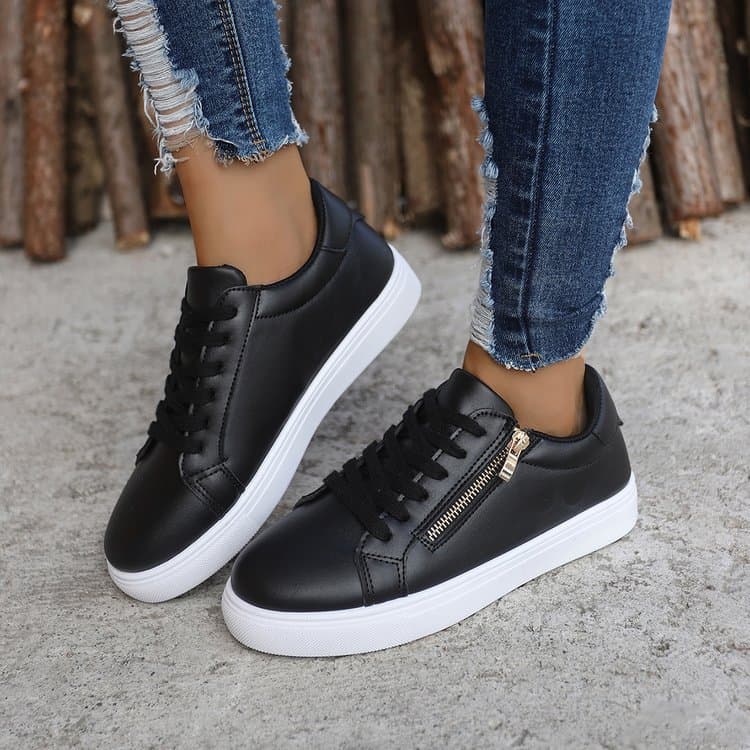Women's cross-border flat shoes, European and American style plus size sneakers, fashionable and versatile leather side zipper white casual sports shoes for women.