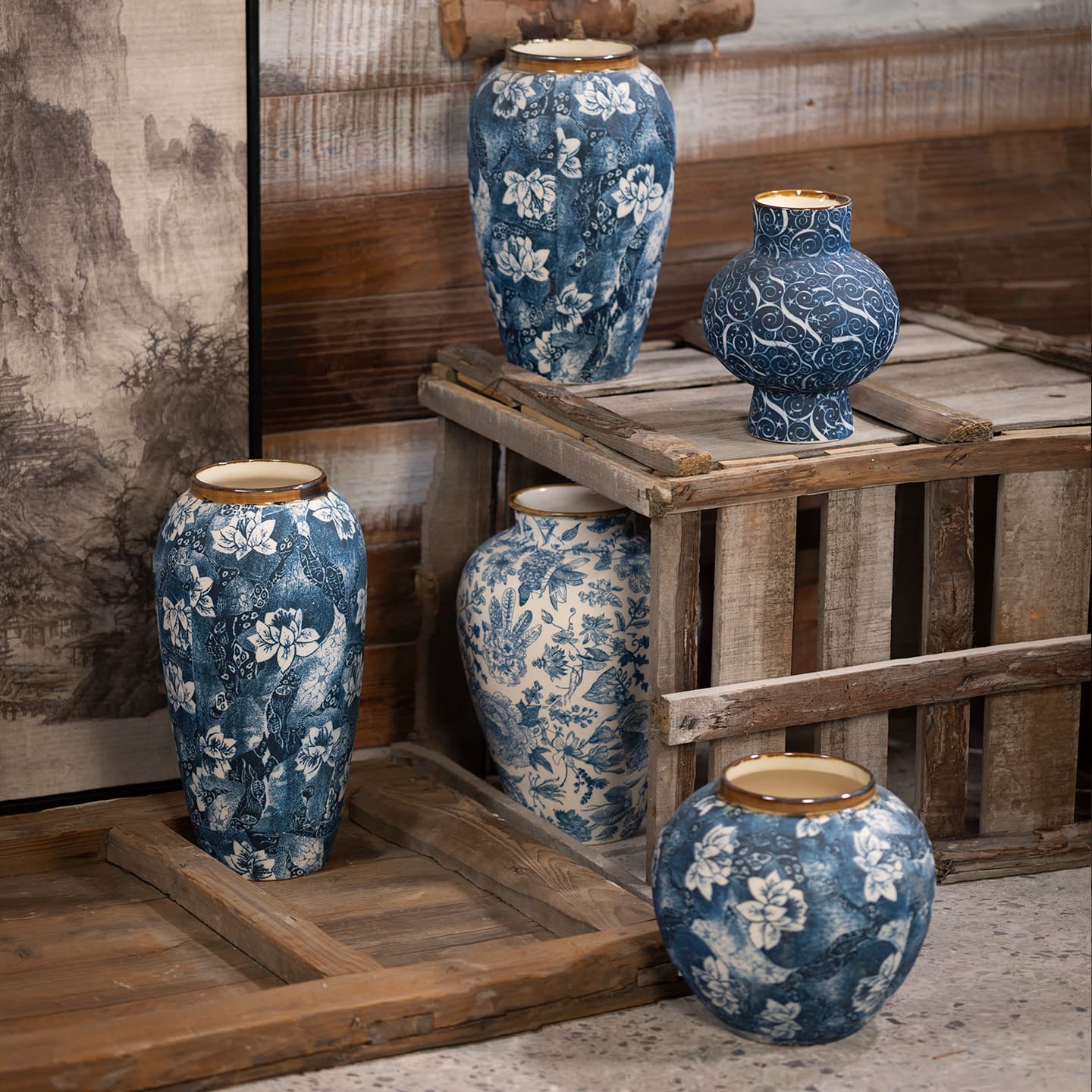New Chinese Style Vintage Blue and White Decal Coarse Pottery Jar, Vintage Bedroom Bay Window Flower Arrangement Vessel, Zen Advanced Decorative Vase
