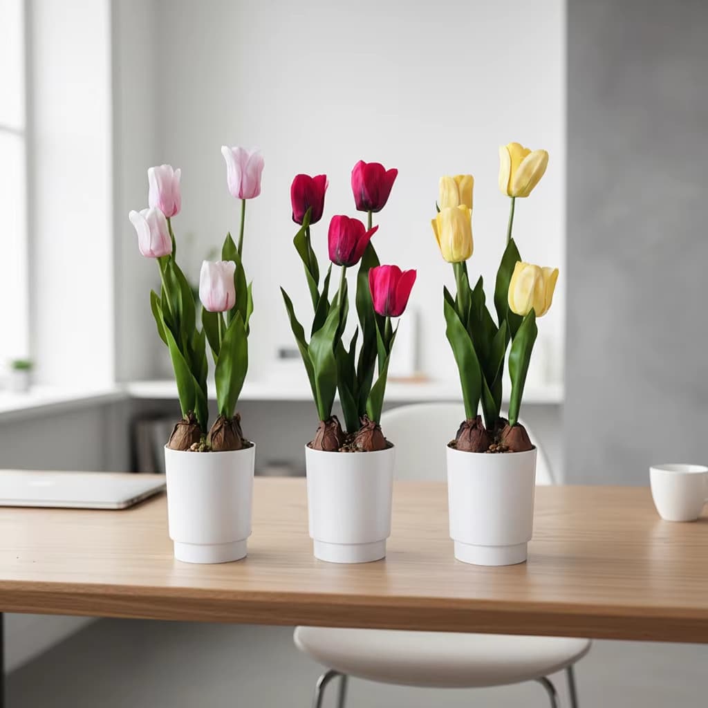 Artificial Tulip Potted Plant, High Simulation Tulip Bonsai, Home Decoration Greenery, Medium-Large Four-Head Tulip
